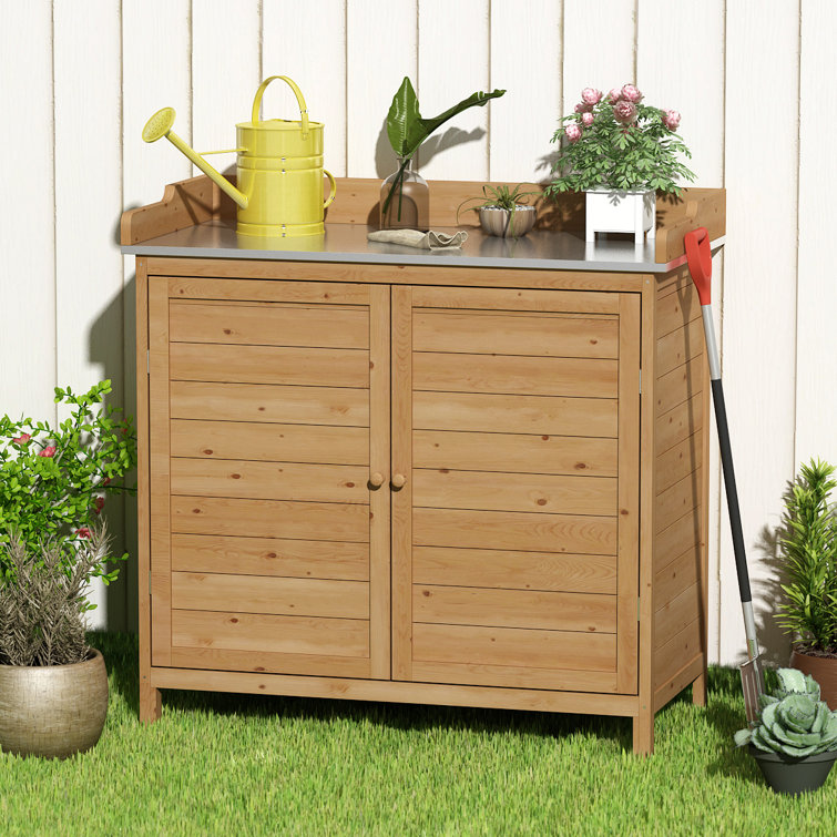 Fascinating Furniture Wooden Gardening Lockers, Closet Tool Organizer With Tabletop